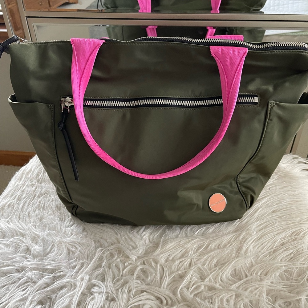 Olive Green Tote Bag with Pink Handles